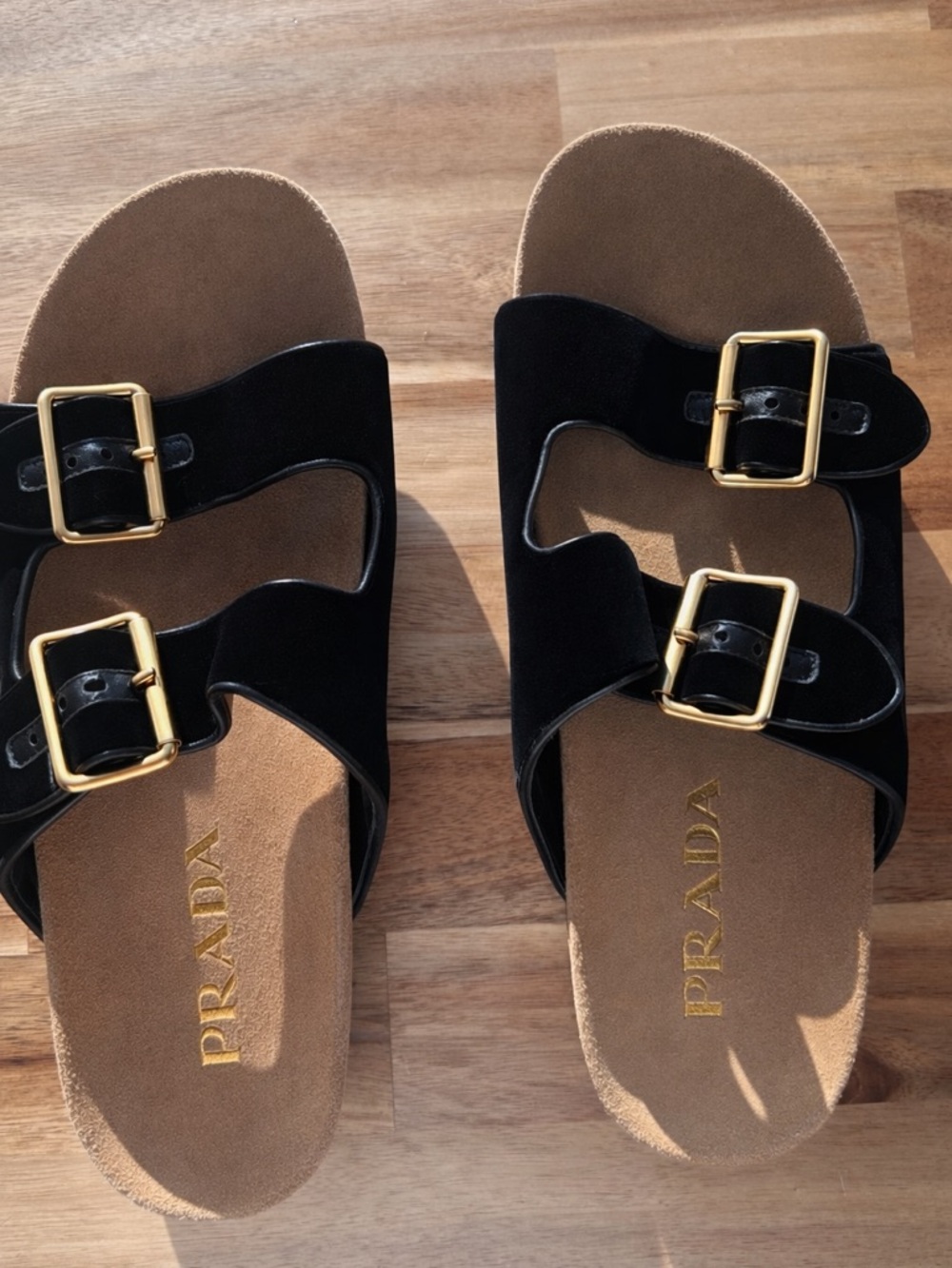 Prada Black Suede Double-Buckle Slide Sandals with Gold Buckles